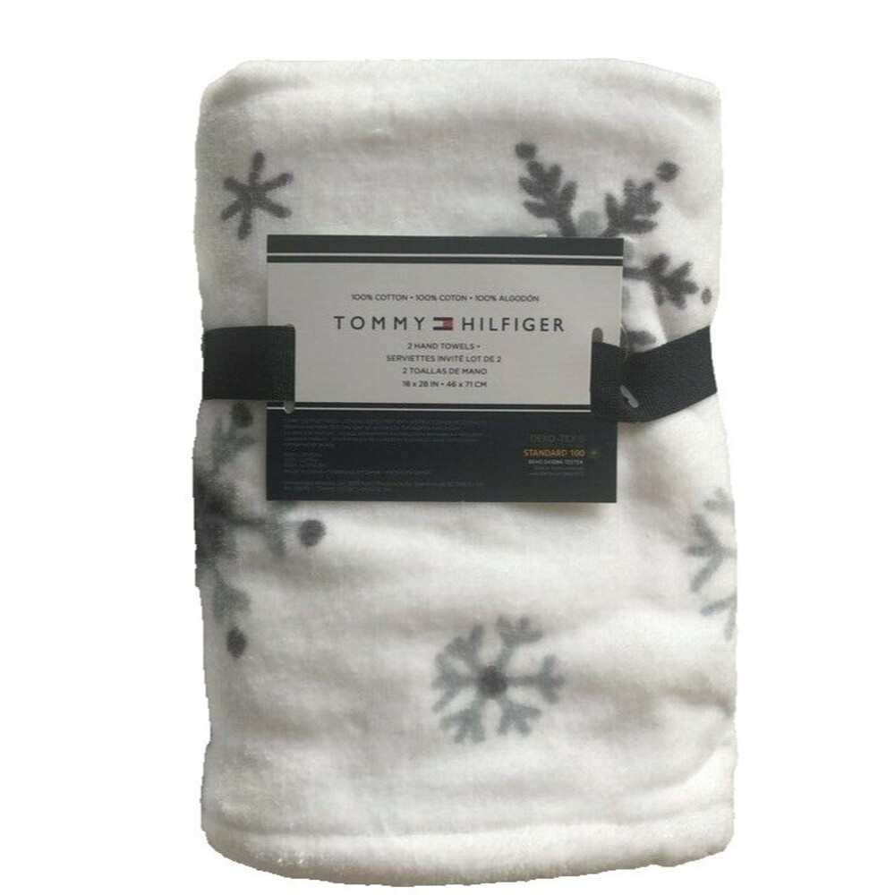 Tommy Hilfiger Christmas Hand Towels Set of 2 Bathroom Holiday White Snowflake